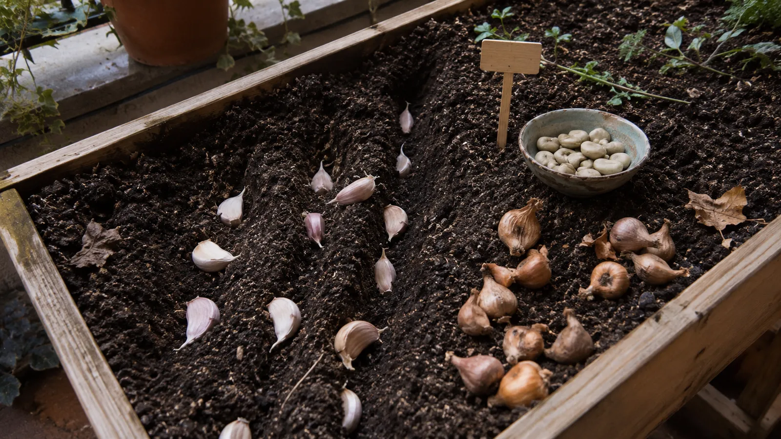 Mesa de cultivo con dientes de ajo sobre surcos de tierra, bulbitos de cebolla y un cuenco con habas secas listas para sembrar
