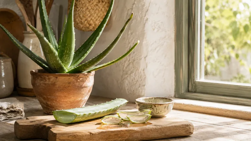 Aloe vera en maceta de barro junto a una hoja cortada con su gel sobre tabla de madera