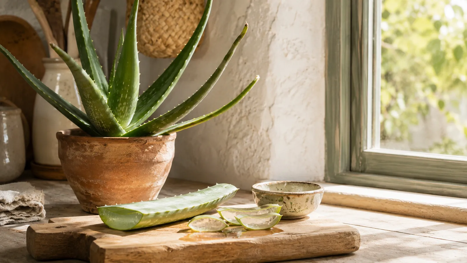 Aloe vera en maceta de barro junto a una hoja cortada mostrando su gel sobre una tabla de madera en una cocina rústica