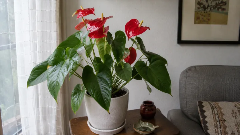 Anthurium de flores rojas en maceta blanca junto a una ventana
