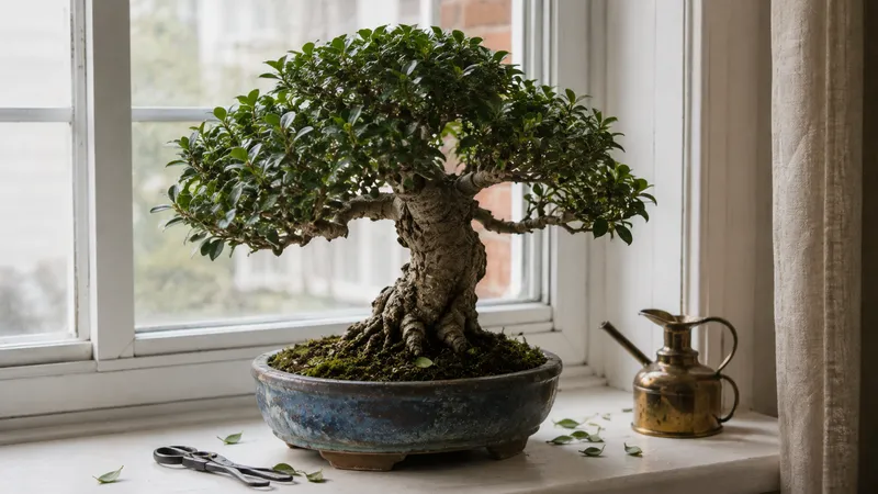 Bonsái de ficus en maceta azul sobre un alféizar con tijeras de podar