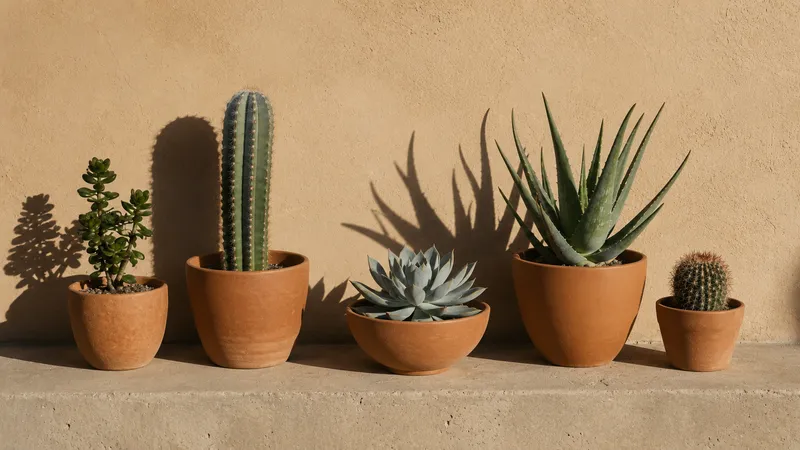 Colección de cactus y suculentas en macetas de terracota con sombras largas