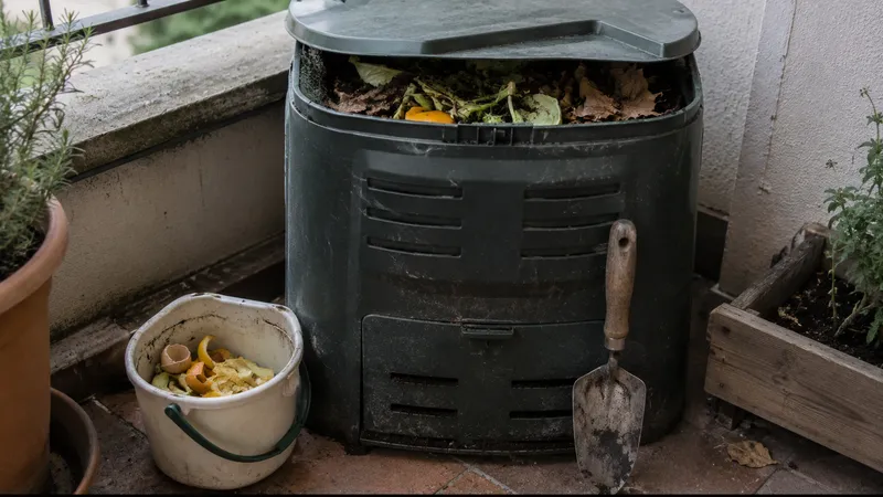 Compostador doméstico en un rincón de terraza con cubo de restos de cocina