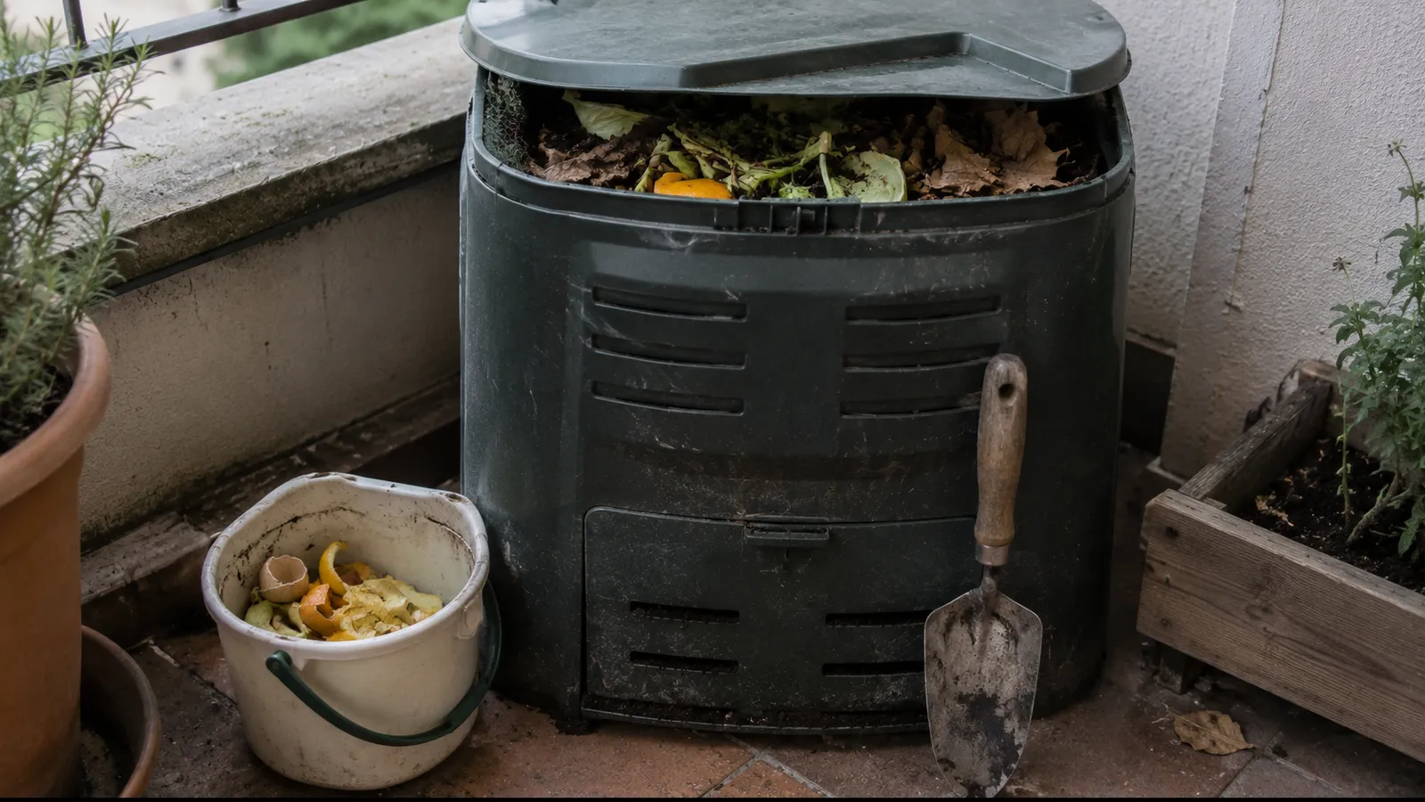 Compostador doméstico verde en un rincón de terraza con la tapa entreabierta, cubo de restos de cocina y pala de mano usada