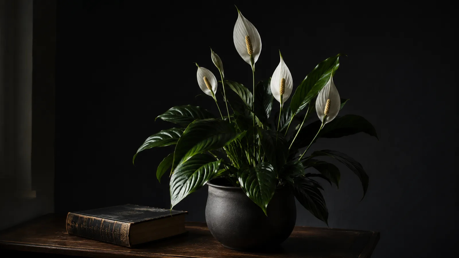 Espatifilo con flores blancas en maceta de cerámica oscura sobre mesa de madera con luz lateral dramática