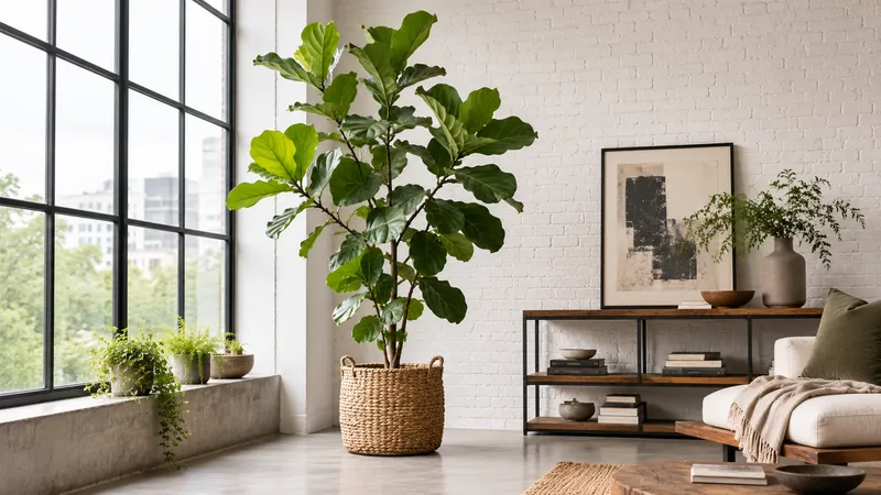 Ficus lyrata en cesta de fibra junto a un ventanal industrial de loft