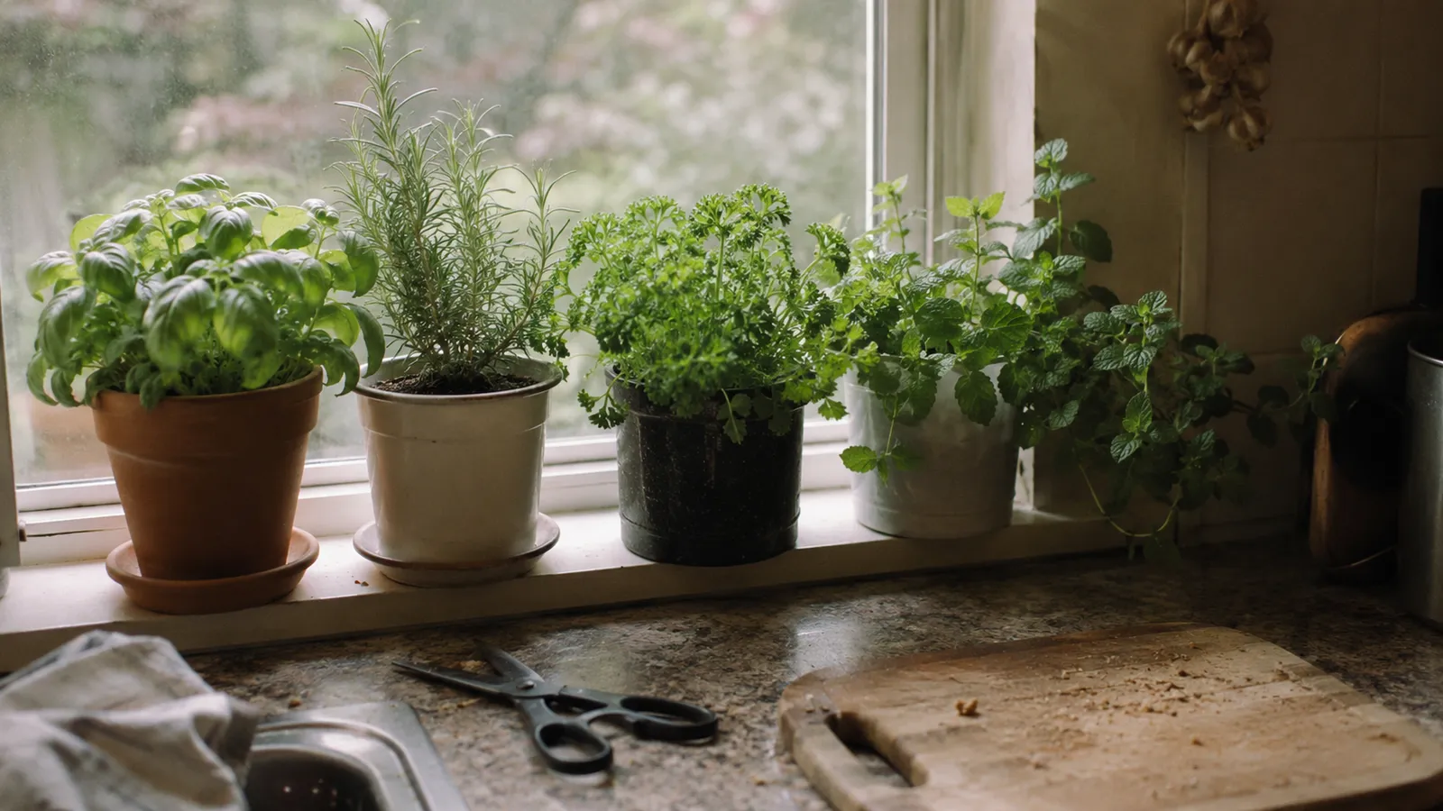 Albahaca, romero, perejil y menta en macetas variadas en el alféizar de una ventana de cocina con tijeras y tabla de cortar usadas
