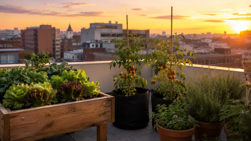 Huerto urbano en una terraza al atardecer con lechugas, tomateras y aromáticas