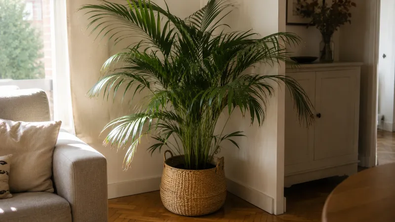 Palmera de interior frondosa en cesta de fibra en un salón