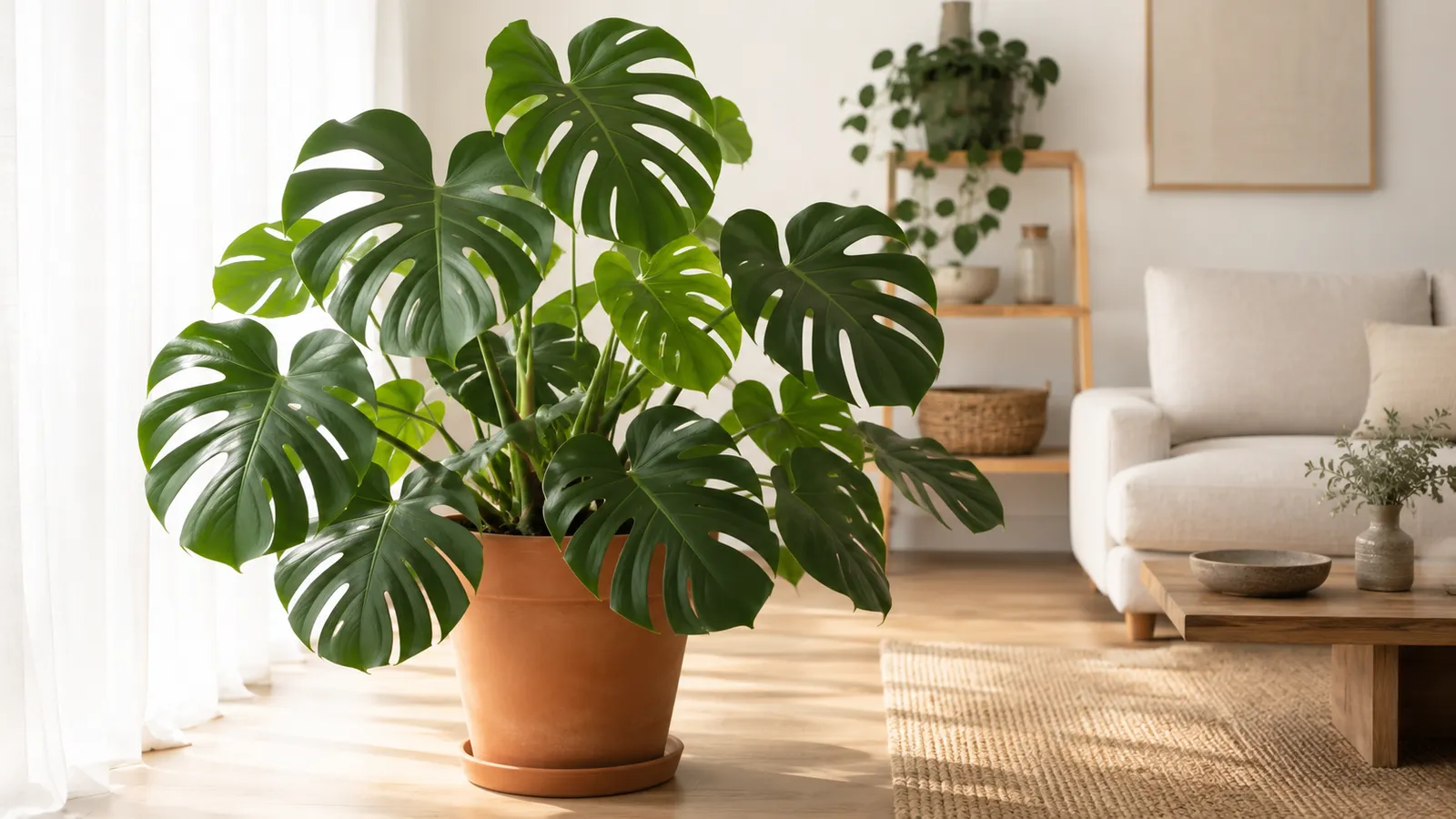 Monstera deliciosa adulta en maceta de terracota junto a una ventana con luz natural indirecta