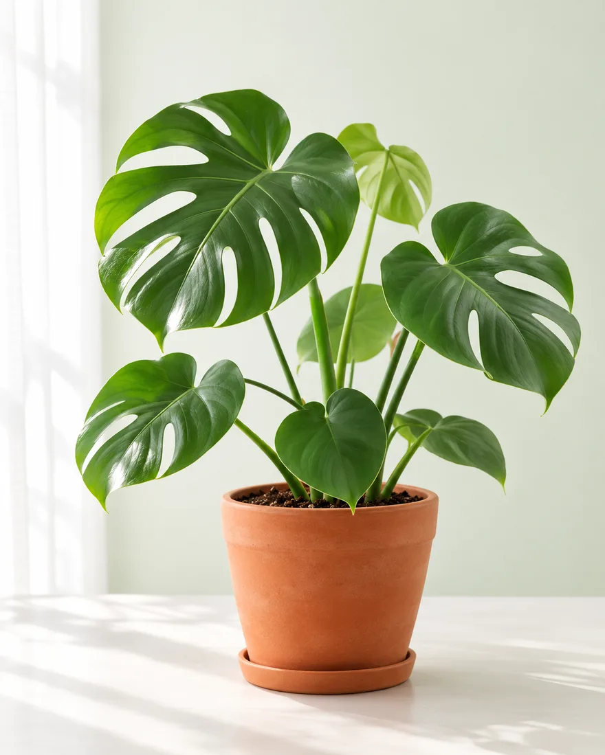 Monstera deliciosa sana en una maceta de terracota