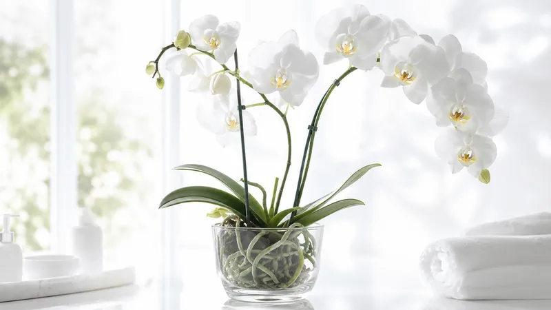Orquídea phalaenopsis blanca en maceta de cristal con raíces visibles