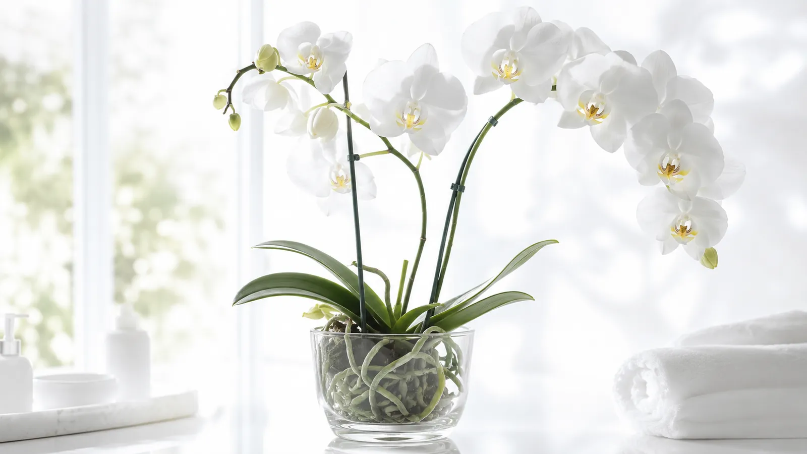 Orquídea phalaenopsis blanca en maceta de cristal transparente que deja ver sus raíces verdes y plateadas