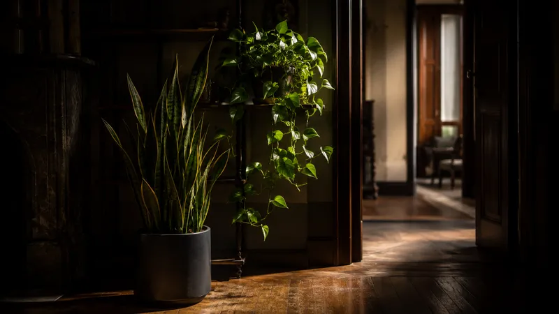 Sansevieria y poto en un rincón oscuro iluminados por un haz de luz
