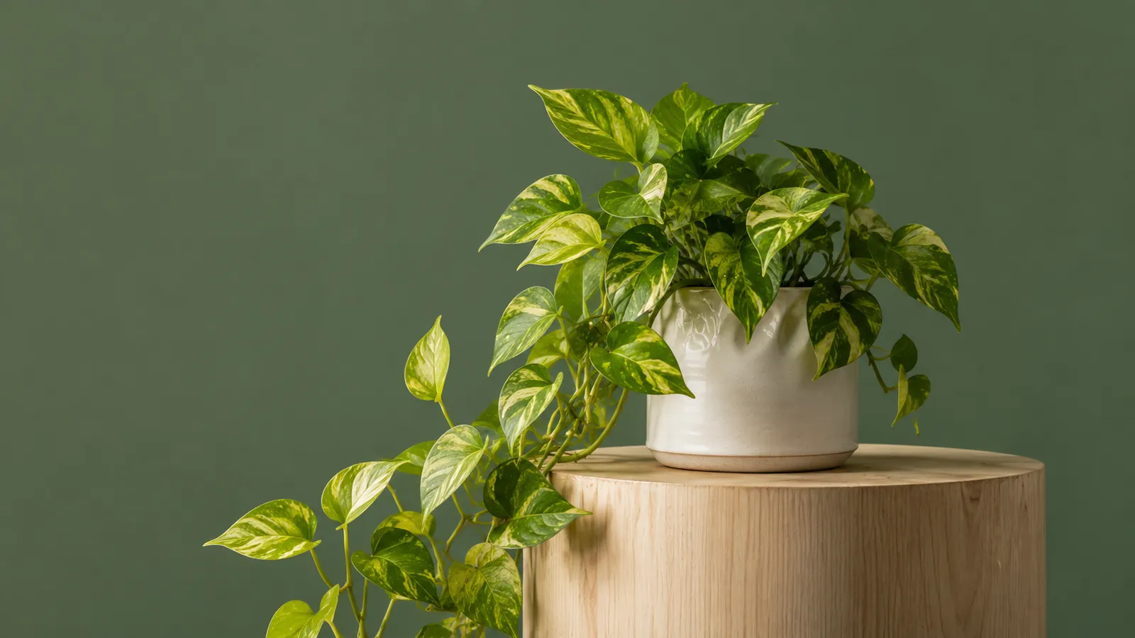 Poto dorado frondoso en maceta de cerámica blanca sobre pedestal de madera con fondo verde salvia