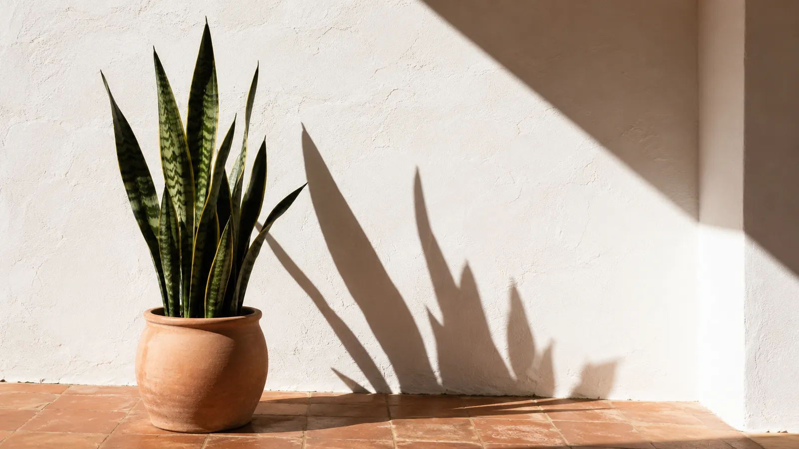 Sansevieria en maceta de terracota contra una pared encalada con sombras nítidas de sus hojas