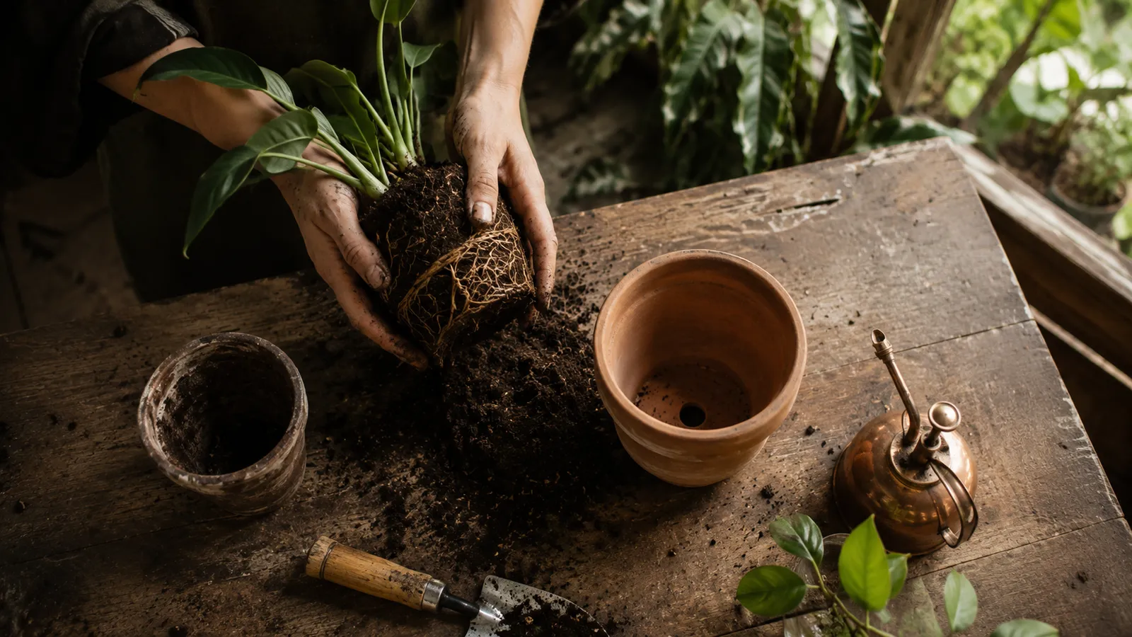 Manos sujetando el cepellón de una planta con las raíces visibles junto a una maceta de barro nueva